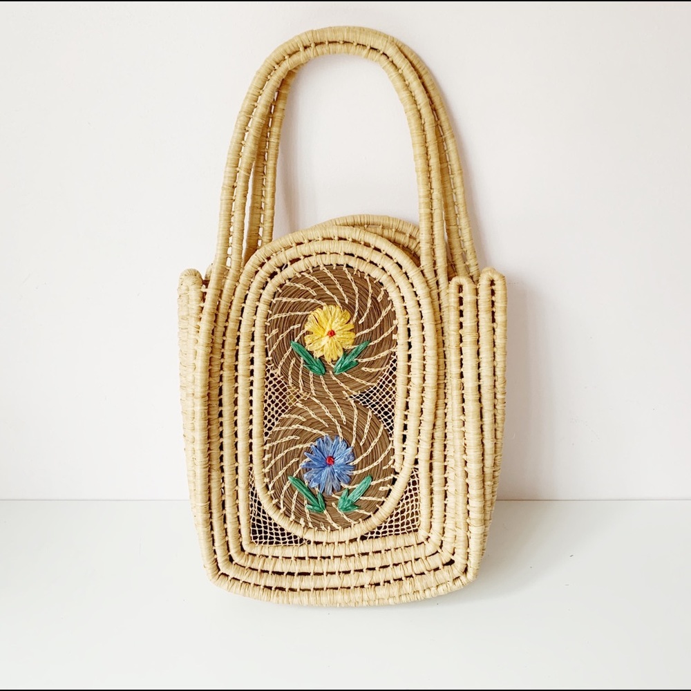 Handcrafted Floral Embroidered Rattan Tote